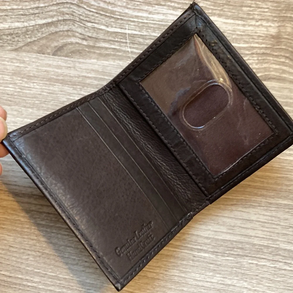 Leather hand craft bifold wallet card key chocolate brown NWOT